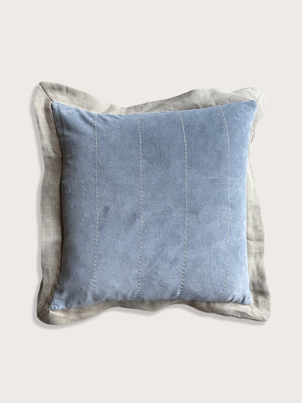 Velvet with Linen Flange Cushion Cover - Powder Blue
