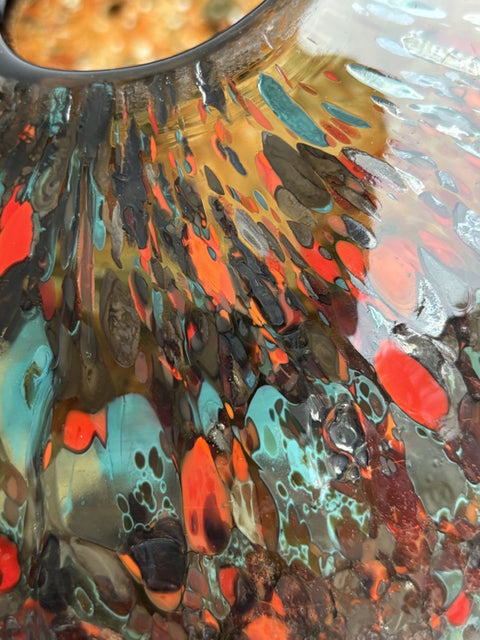 Side View of Crimson Fiery Marble Sphere Handmade & Handblown Large Glass Vase