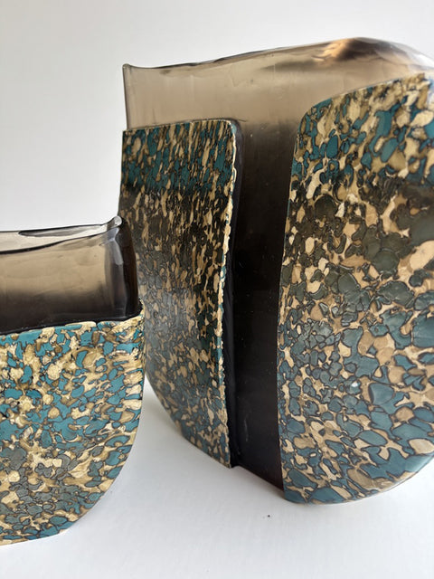 Close Up Shot of Arcane Handblown Smokey Speckled Earthy Tone Glass Vases in Both Sizes