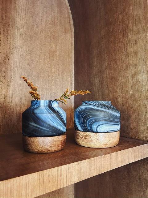 Deep Smoke Vase with a Wood Base - Large - House of Roya