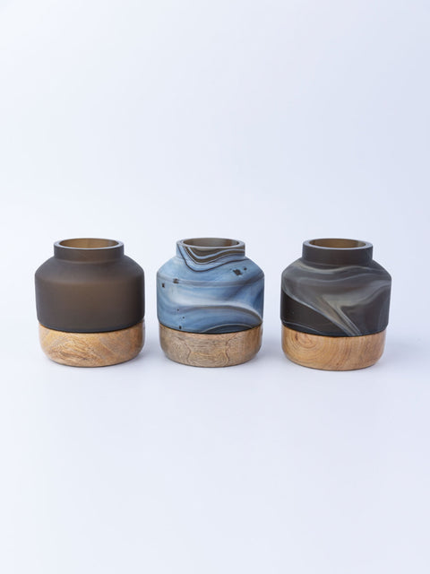 Deep Smoke Vase with  Wood Base - Small - House of Roya