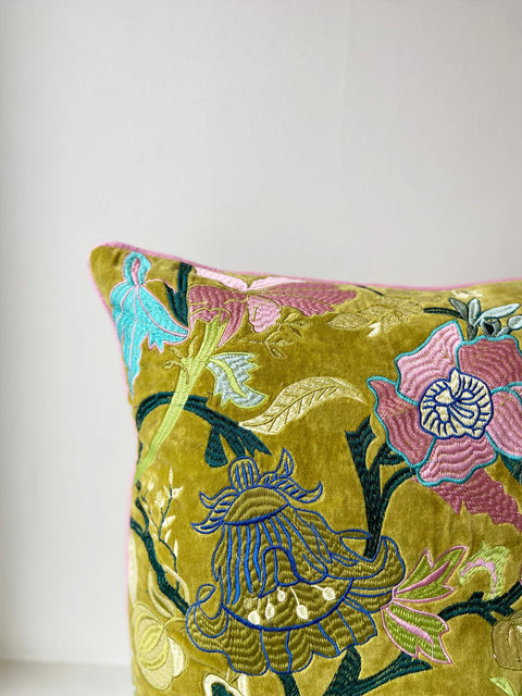 Floral Velvet Embroided - Green with Pink Flowers - House of Roya