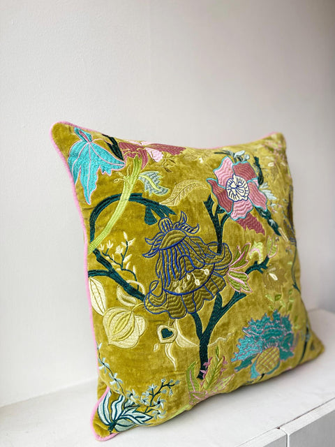 Floral Velvet Embroided - Green with Pink Flowers - House of Roya