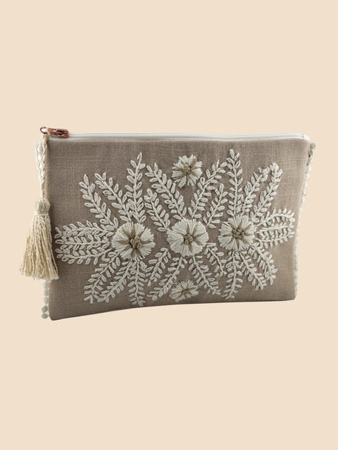 Latte Grey Embroidered Clutch - House of Roya