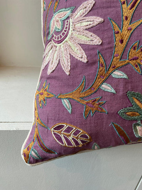 Floral Linen - Purple with Green Flowers Cushion Cover - House of Roya