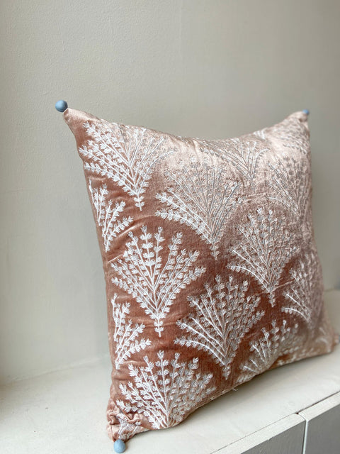 Champagne Pink Velvet with Pom Pom Cushion Cover - House of Roya