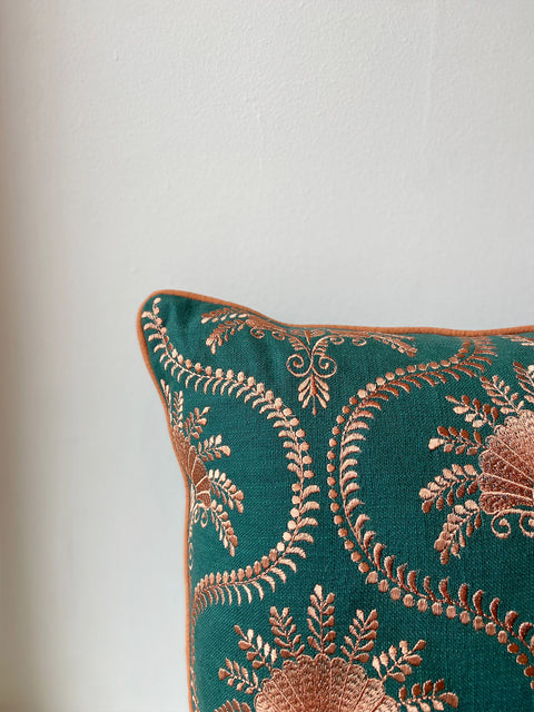 Dark Green Linen with Bronze Embroidery Cushion Cover - House of Roya