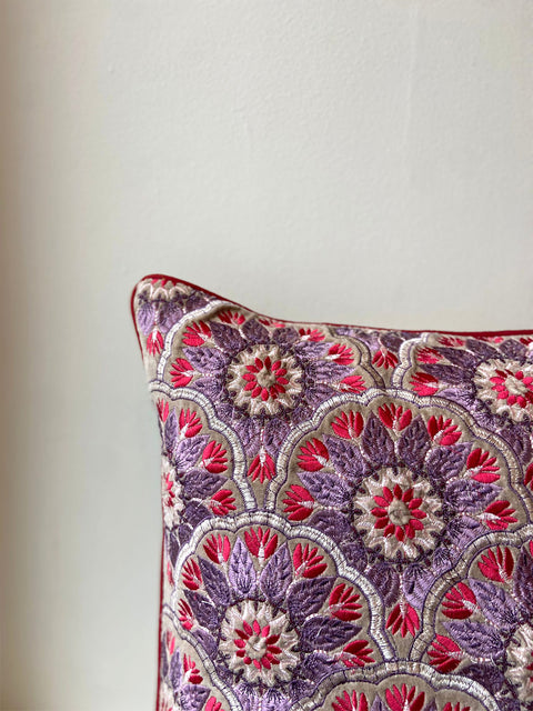Embroidered Floral Pattern with Red Piping Cushion Cover - House of Roya