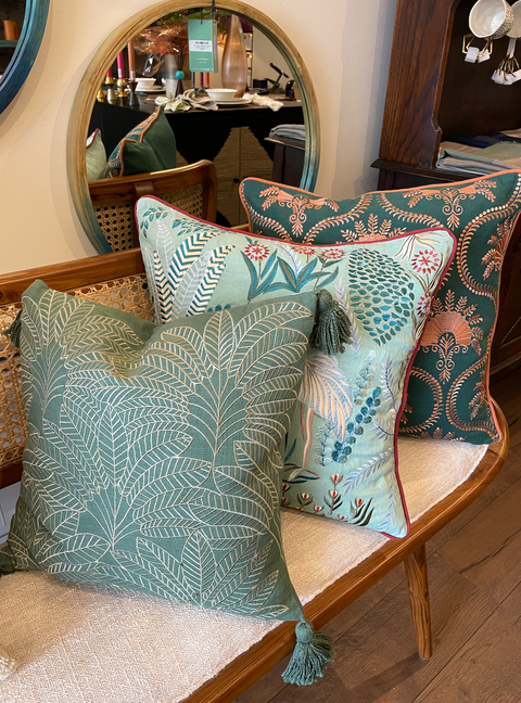 Forest Green Palm Leaf Pattern Cushion Cover - House of Roya