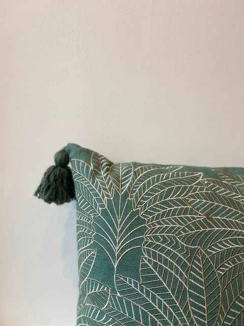 Forest Green Palm Leaf Pattern Cushion Cover - House of Roya