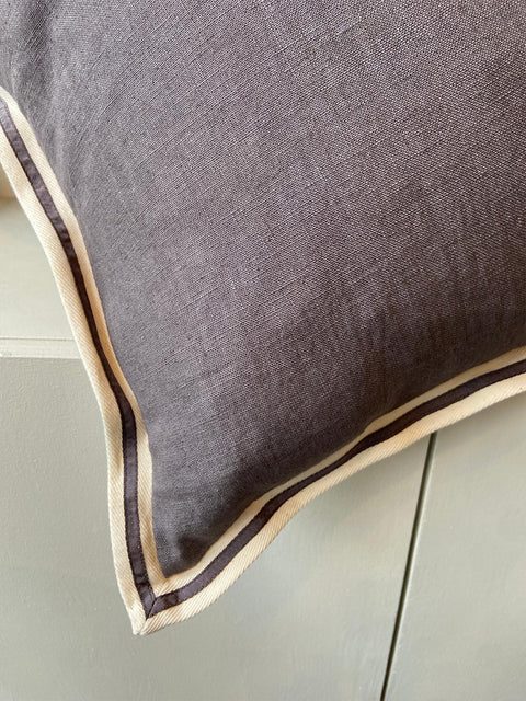 Grey Linen with Twill Ribbon Cushion Cover - House of Roya