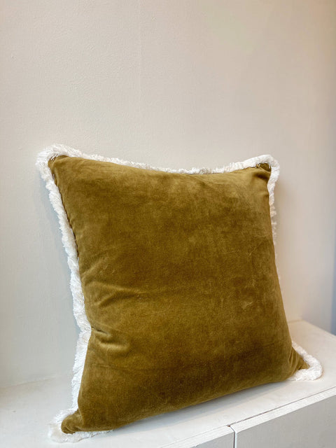 Olive Green Velvet with White Fringe Cushion - House of Roya