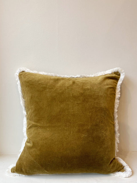 Olive Green Velvet with White Fringe Cushion - House of Roya