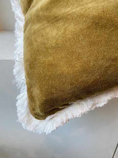 Olive Green Velvet with White Fringe Cushion - House of Roya