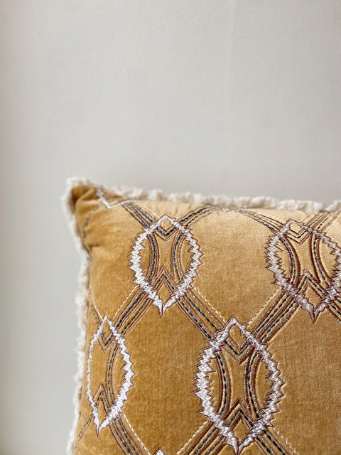 Tan Velvet Cushion Cover with Contrasting Stitch - House of Roya