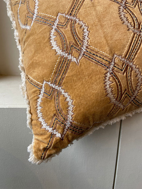 Tan Velvet Cushion Cover with Contrasting Stitch - House of Roya