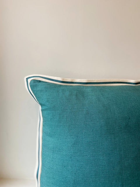 Teal Linen with Twill Ribbon Cushion Cover - House of Roya