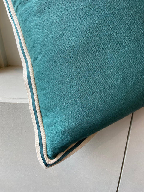 Teal Linen with Twill Ribbon Cushion Cover - House of Roya