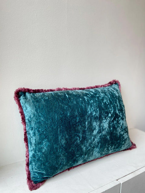 Teal Velvet with Plum Fringe Cushion Cover - House of Roya