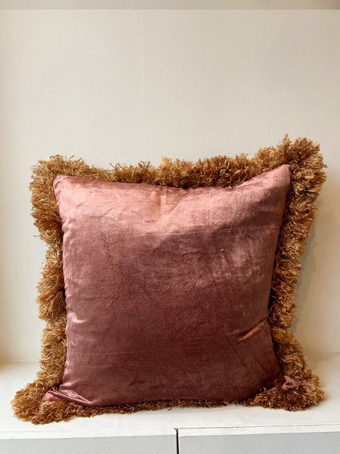 Dusty Rose Velvet with Bronze Fringe Cushion Cover - House of Roya