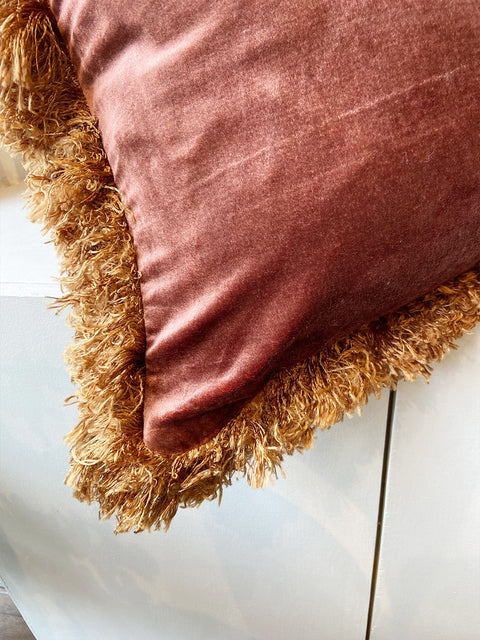 Dusty Rose Velvet with Bronze Fringe Cushion Cover - House of Roya