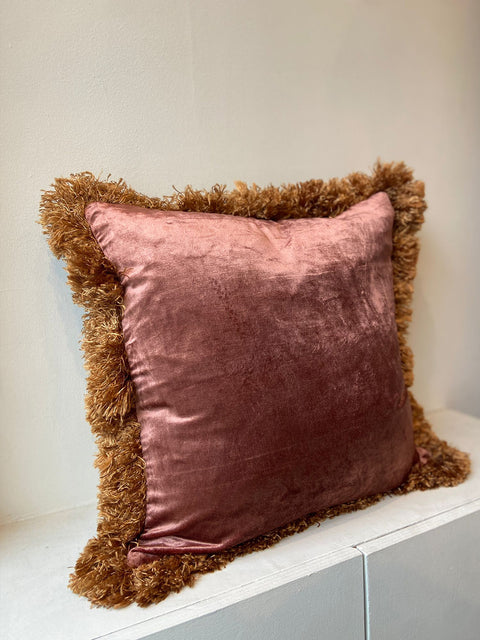 Dusty Rose Velvet with Bronze Fringe Cushion Cover - House of Roya