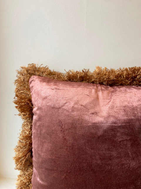 Dusty Rose Velvet with Bronze Fringe Cushion Cover - House of Roya