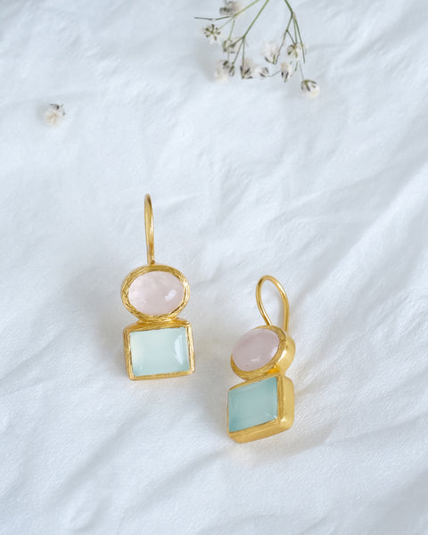 Handcrafted in Jaipur Sterling Silver Earrings Set With Rose Quartz and Aqua Chalcedony Gem Angled View
