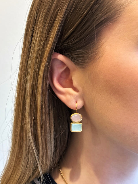 Handcrafted in Jaipur Sterling Silver Earrings Set With Rose Quartz and Aqua Chalcedony Gem Model Shot