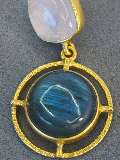 Close Up Shot of Devika Gold Plated Sterling Silver Rose Quartz & Labradorite Gemstone Earrings