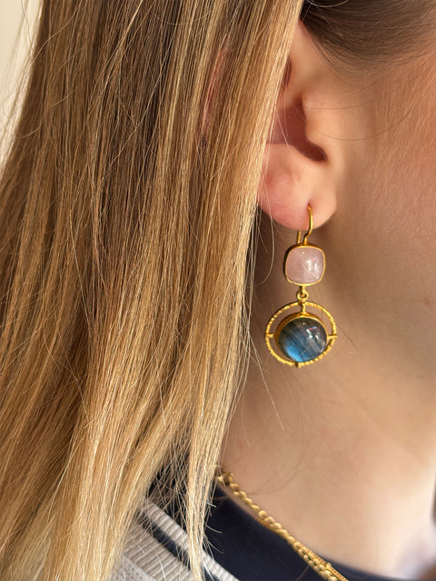 Lifestyle Close Up Shot of Devika Gold Plated Sterling Silver Rose Quartz & Labradorite Gemstone Earrings