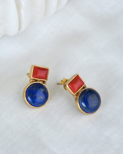 Gul Sterling Silver Gold Plated Earrings With Coral & Lapis Lazuli Gems On a White Background