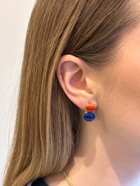 Model Shot of Gul Sterling Silver Gold Plated Earrings With Coral & Lapis Lazuli Gems
