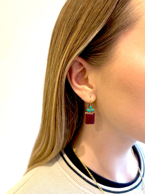 Model Short of Sterling Silver Gold Plated Meera Red Quartz & Turquoise Gem Earrings