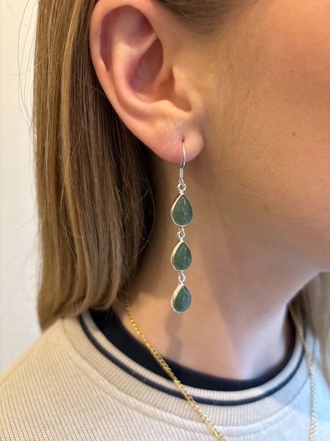 Reva Sterling Silver Gold Plated Rain Drop Earrings Set with Green Aventurine Gems On A Model