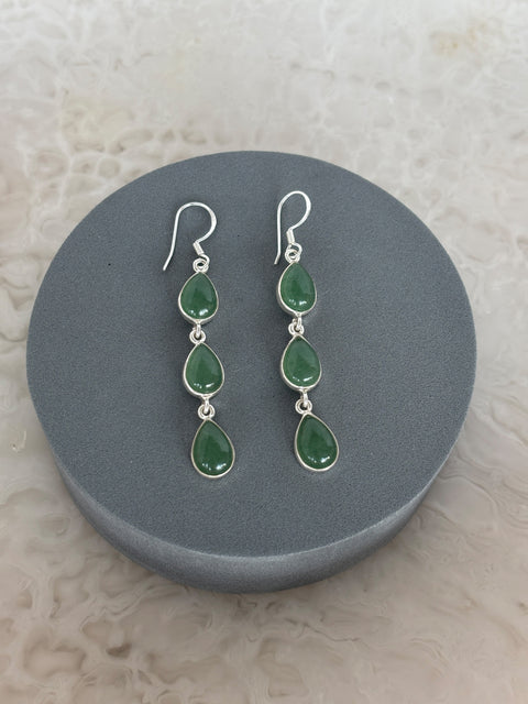 Front Shot of Reva Sterling Silver Gold Plated Rain Drop Earrings Set with Green Aventurine Gemstones