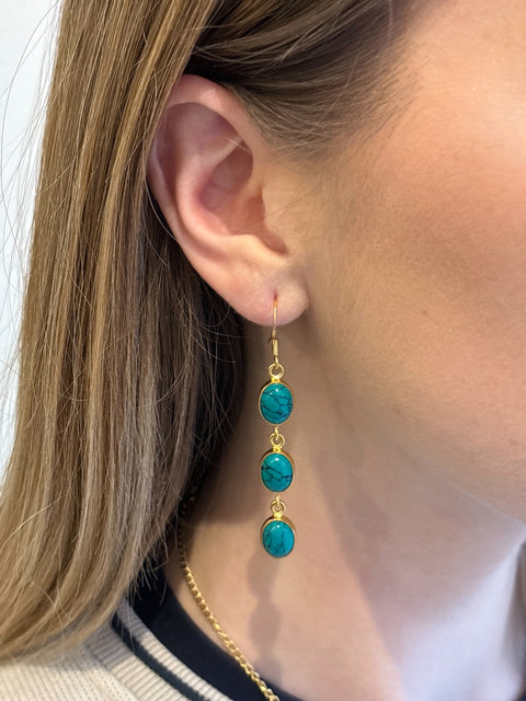 Model Shot of Zara Gold Plated Sterling Silver with 3 Chain Linked Turquoise Gems Earrings