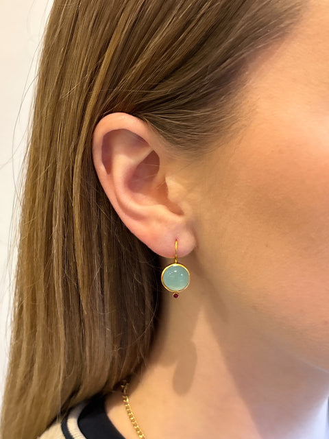Model Shot of Charvi Sterling Silver Gold Plated Aqua Chalcedoni Earrings Handcrafted in Jaipur