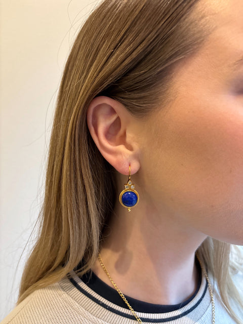 Model View of Amaya Sterling Silver Gold Plated Dangle Lapiz Lazuli Earrings