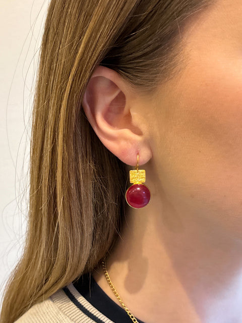 Model Shot of Red Quartz Dangle Kaira Earrings Made With Sterling Silver and Gold Plated