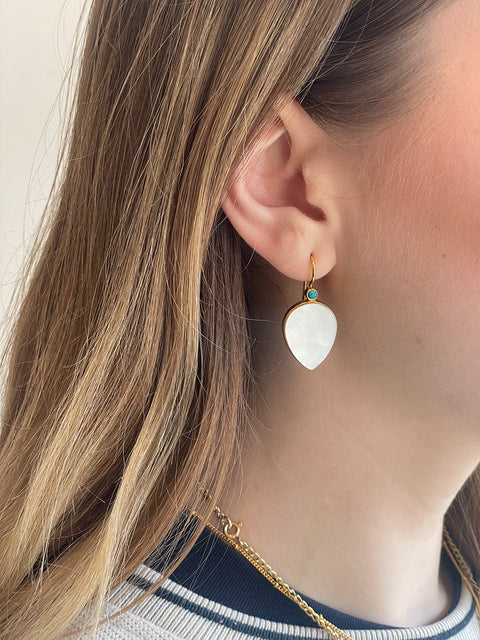 Lifestyle Close Up Shot of Chadni Pearl Teardrop Earrings Made from Sterling Silver & Gold Plated