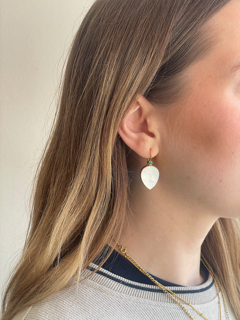 Lifestyle Shot of Chadni Pearl Teardrop Earrings Made from Sterling Silver & Gold Plated