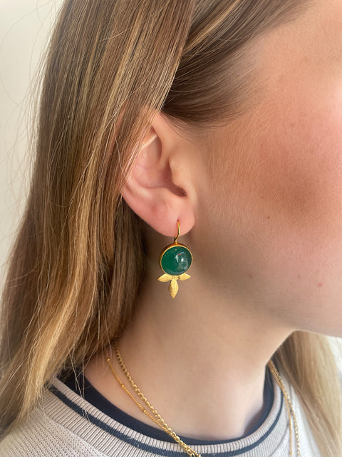 Lifestyle Shot of Maryam Sterling Silver Gold Plated Handcrafted Green Onyx Gem Earrings