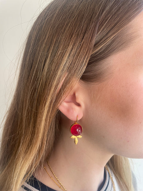 Lifestyle Shot of Maryam Sterling Silver Gold Plated Handcrafted Red Quartz Gem Earrings