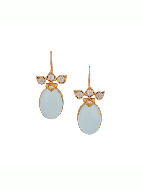 Silver Sterling Earring Gold Plated with Aqua Stone Handmade on White Background