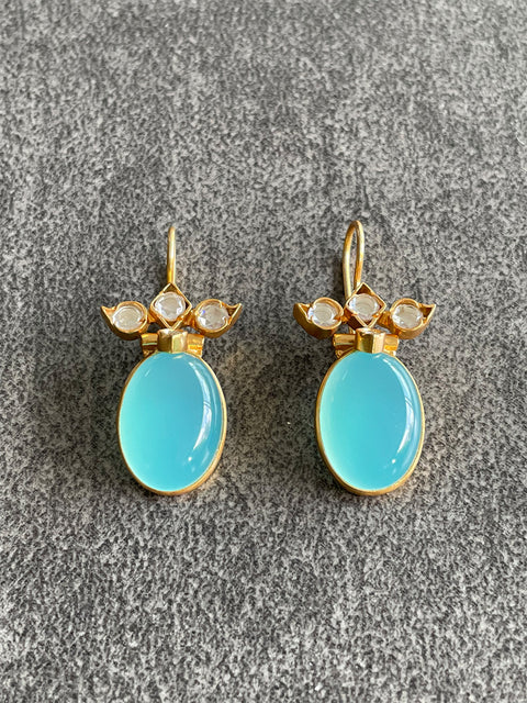 Silver Sterling Earring Gold Plated with Aqua Stone Handmade on Grey Textured Background