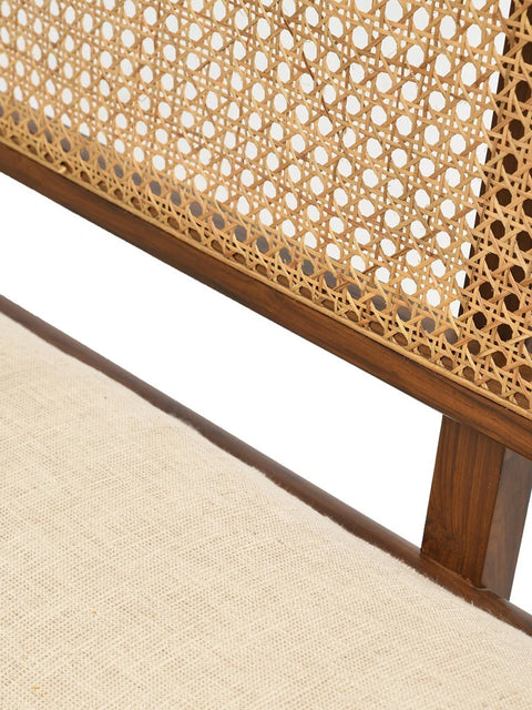 Close Up Shot of Amaya Brown Teak and Weaved Cane Handcrafted Bench