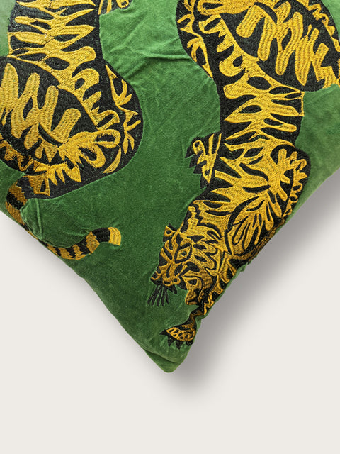 Bengal Tigers Velvet Cushion Cover - Green - House of Roya