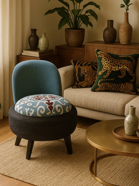 Handcrafted Nila Ikat Chair -  – Upcycled Tyre Base with Rope Detailing - House of Roya