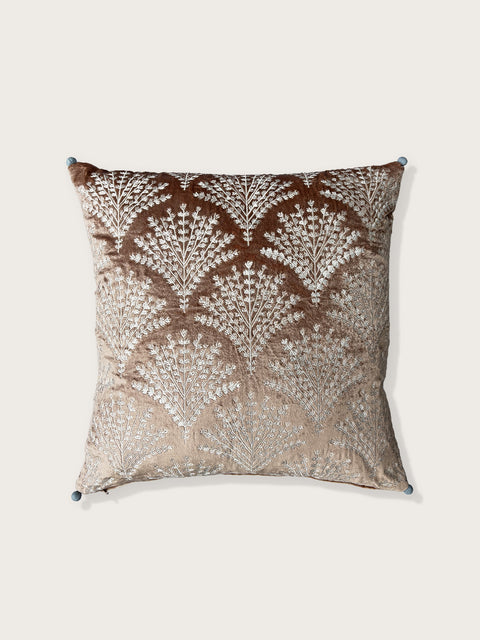 Champagne Pink Velvet with Blue Pom Pom Cushion Cover - House of Roya